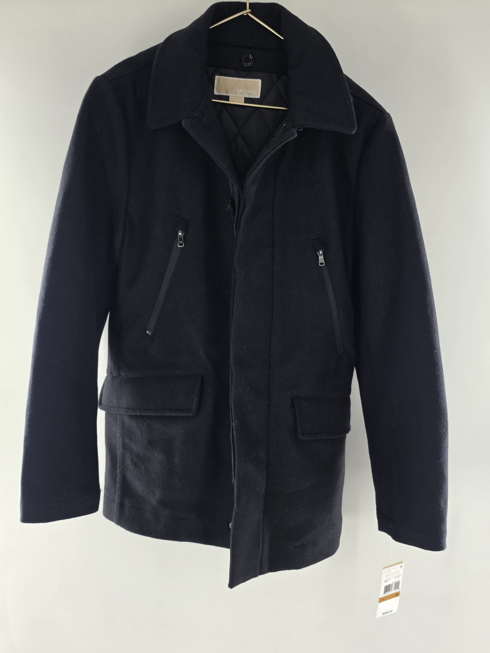 Michael Kors Men's Office Navy Wool Pea Coat with Zip and Button Placket